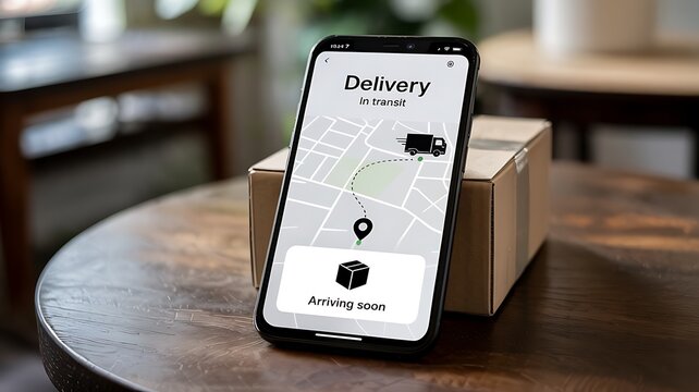 Modern smartphone displaying a delivery tracking application with a map interface resting on a cardboard package on a wooden table