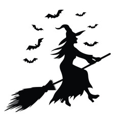 Silhouette of witch riding The Broom Isolated On White Background. Vector eps editable file Illustration