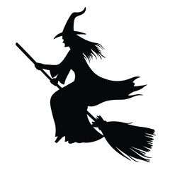 Silhouette of witch riding The Broom Isolated On White Background. Vector eps editable file Illustration
