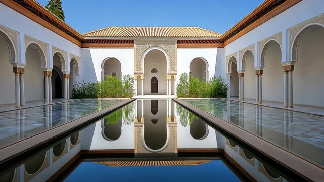 Visitors admire the intricate design and tranquil reflections in a sunlit courtyard of a historical Moroccan palace