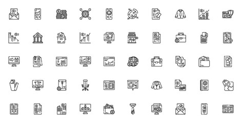 Business icon set. Minimal vector icons pack. Includes symbols for mail, stock market, coins, money, time, pie chart, documents, bank, strategy, marketing and more. Editable stroke.
