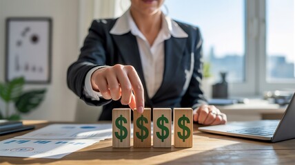 Business woman building wealth strategy with dollar signs on blocks for financial growth success