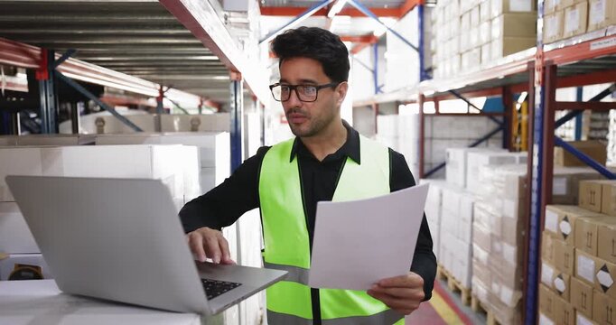 Young Hispanic professional man wearing vest working in warehouse or logistics center using laptop, hold papers, preparing report, checking inventory, verifying stock levels, updating shipping records
