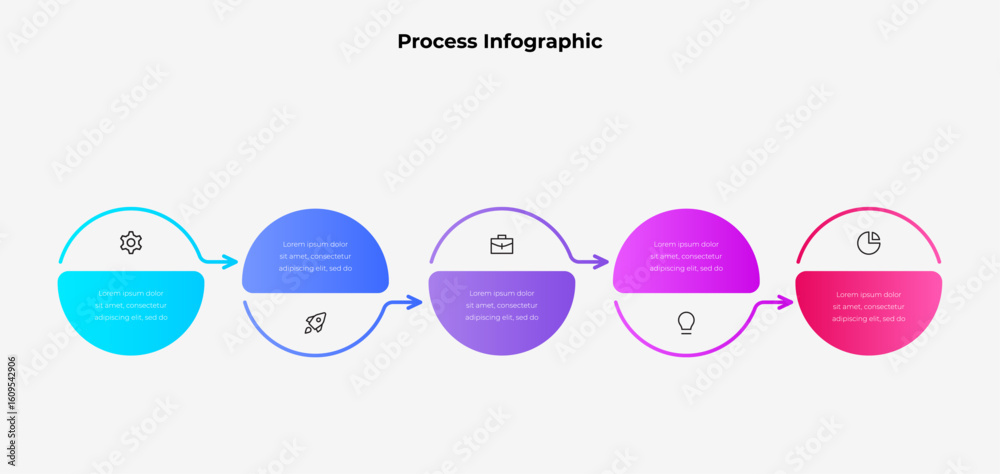 Fototapete A visually appealing process infographic using gradient color schemes, demonstrating workflow or business processes with five steps and distinct icons for clear communication