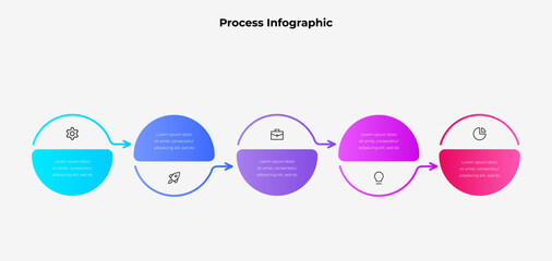 A visually appealing process infographic using gradient color schemes, demonstrating workflow or business processes with five steps and distinct icons for clear communication