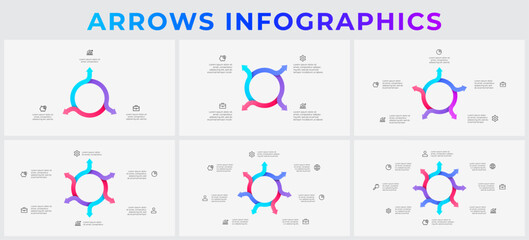 Creative circular arrow layouts suitable for illustrating processes or workflows. Attractive gradient colors emphasize clarity and convey progress. Cycle diagrams with 3, 4, 5, 6, 7 and 8 steps