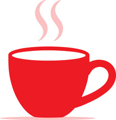 A vibrant red coffee cup emitting gentle steam, isolated on a clean white background