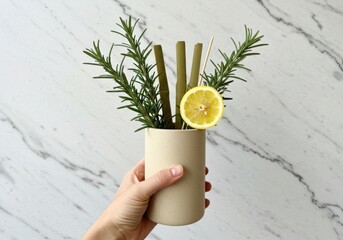 Hand holding a vase with herbs and lemon