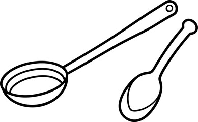 Ladle and Spoon Line Art. Soup Serving Utensils Outline Vector.