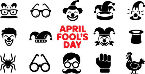 A collection of playful icons celebrating april fools day with clowns, glasses, spiders, and hats