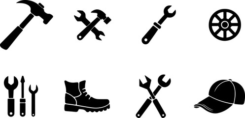 A collection of tools, a boot, a wheel, and a cap, all isolated on a white background