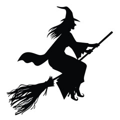 Silhouette of witch riding The Broom Isolated On White Background. Vector eps editable file Illustration