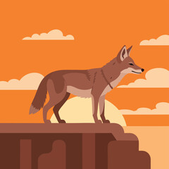 Coyote Silhouette at Sunset Desert Landscape Illustration.