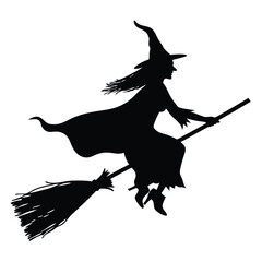Silhouette of witch riding The Broom Isolated On White Background. Vector eps editable file Illustration