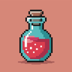 Pixel art of a glass potion bottle with bubbling red liquid and a cork stopper.