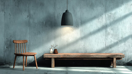 Minimalist Interior Design with Wooden Furniture and Industrial Wall Texture