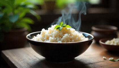 A steaming bowl of rice topped with a green leaf on a wooden table with plants in the background