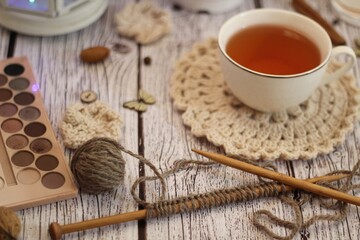 Cup of tea doily decor design crochet knitting woman's objects things on table cozy photo 