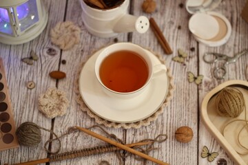Cup of tea doily decor design crochet knitting woman's objects things on table cozy photo 