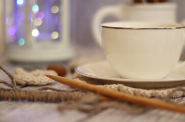 Knitting and a cup of coffee tea handmade art decor design retro style photo 