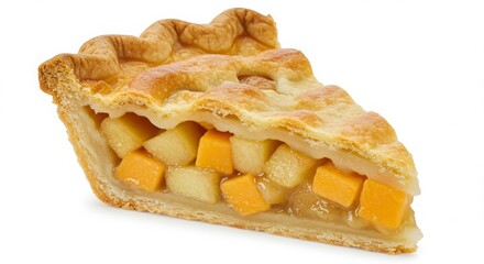 slice of apple and cheddar pie isolated on white background for bakery or dessert concept