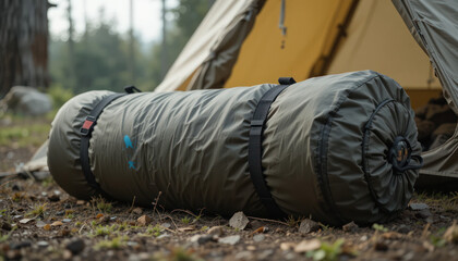 Olive-Green Cylindrical Stuff Sack with Compression Straps.