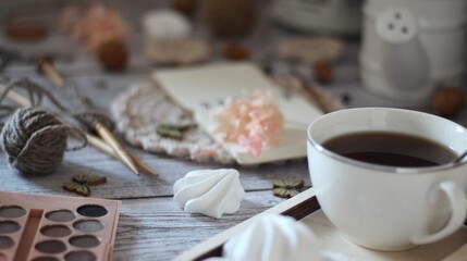 Cup of coffee, meringues, notepad diary and different woman things handmade art decor on wooden background table cozy photo
