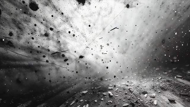 暗闇と光の中で舞う埃と破片の抽象的な白黒背景 | Abstract Black and White Background of Dust and Debris Dancing in Darkness and Light