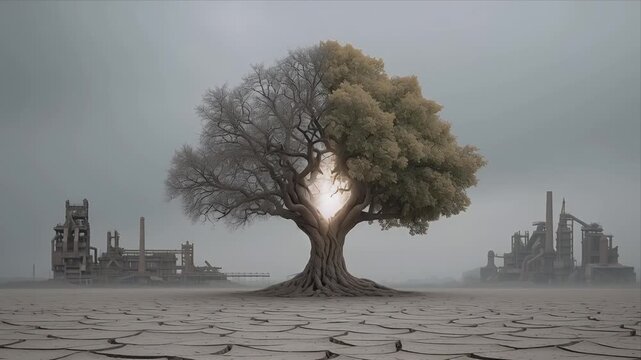 荒廃した乾燥した大地で半分枯れて半分緑の木が輝く工場群の風景 | Half-dead, half-green glowing tree in a desolate, dry landscape with factories