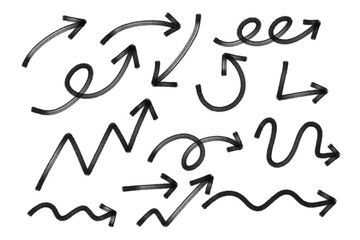 Hand-drawn Black Arrows collection Isolated on a Transparent Background, Black Arrow Png Doodle Set, Grunge Arrows