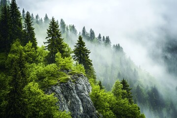 A dark mood pervades the amazing landscape of mystical forest trees and rising fog in Germany's Schwarzwald, also known as the black forest, panorama background