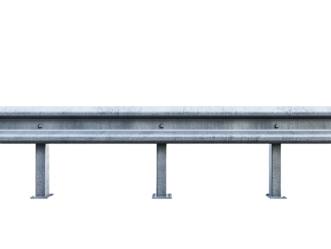 Metal guardrail section with support posts isolated on black background isolated on white background
