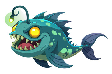 A humorous and colorful cartoon illustration of an anglerfish with a glowing lure, large eyes, and a wide mouth full of sharp teeth.