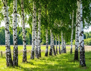 Obraz premium Birch trees in a sunny field. A row of birch trees with white bark stand in a grassy field. Sunlight filters through the leaves, creating dappled light on the ground