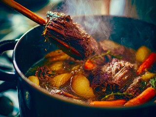 Hearty Stewed Meat in Rustic Clay Pot with Wooden Spoon

