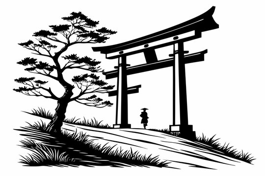 Traditional japanese torii gate with pine tree and person silhouette isolated on transparent background