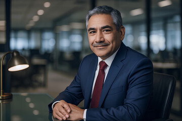 Confident businessman in suit with tie sits at desk in modern office