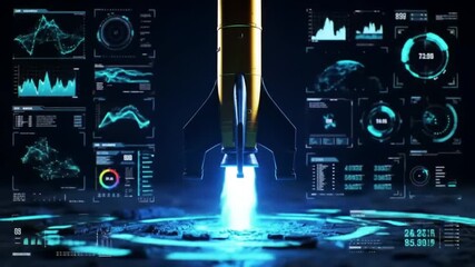 Rocket Launching with HUD Data Overlay Animation for Tech and Startup Concepts - Powered by Adobe