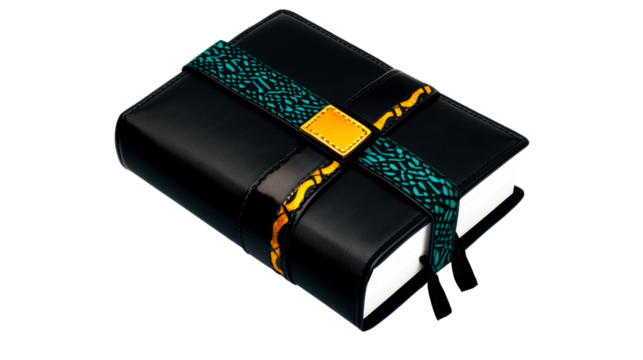 Distinctive black notebook with colorful strap for organizing notes