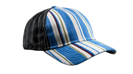 Colorful striped cap with black and blue design