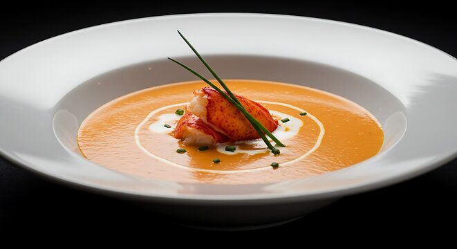 Exquisite lobster bisque presentation in a white bowl on a dark background