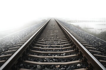 Perspective view of train tracks disappearing into fog