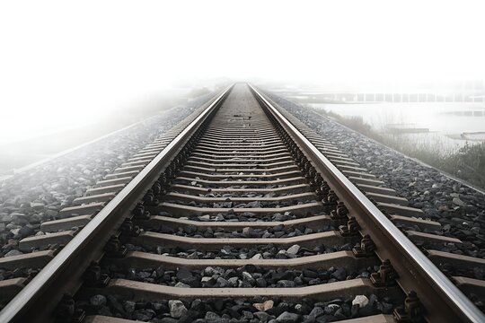Perspective view of train tracks disappearing into fog