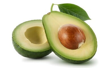 Fresh ripe avocado halves with leaf on white background