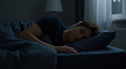 Young man sleeping peacefully in his bed at night in a dark room
