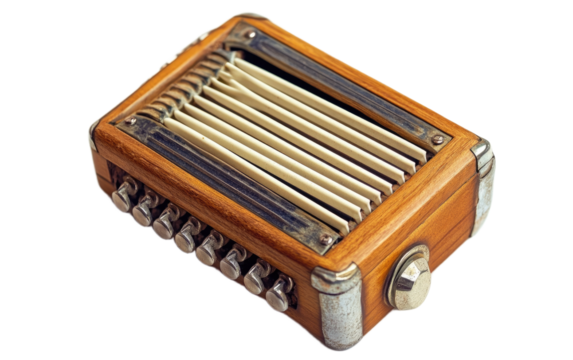 Vintage wooden kalimba thumb piano with metal tines isolated on white background