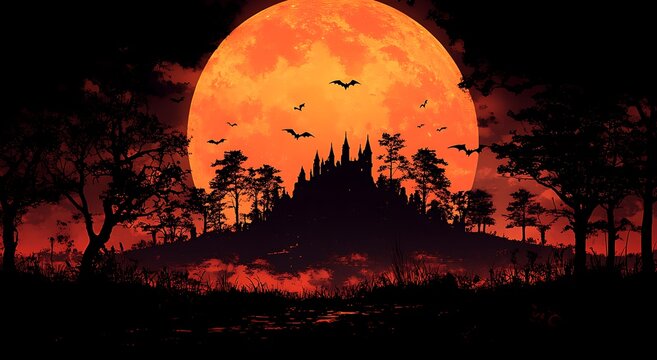 Spooky castle silhouette against a large orange moon with bats flying halloween night