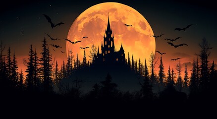 Spooky castle silhouette on a hill with bats flying past a large orange moon Halloween