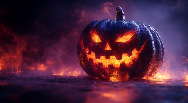 Spooky glowing jack o lantern pumpkin with fire and smoke halloween scary