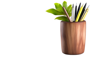 Wooden pen holder with pens and plant, transparent bg